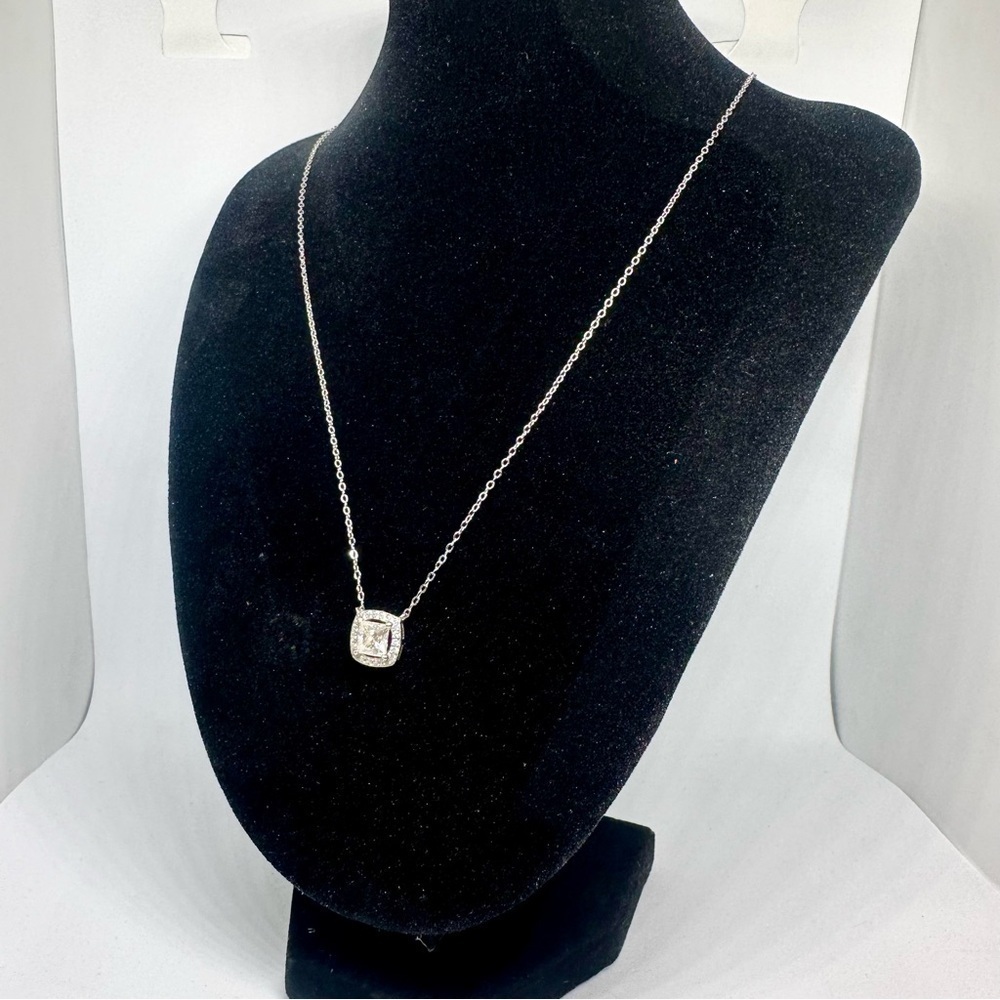 Moissanite Diamond Necklace 1 Carat Princess Cut Halo Floatings Necklace 925 18K - Picture 7 of 12